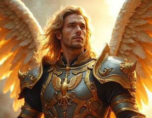 Close-up of Archangel Michael with big wings in golden armor. Saint warrior looks forward. Religious defender concept. Angelic figure with holy spirit. Symbol of biblical faith. Divine inspiration.