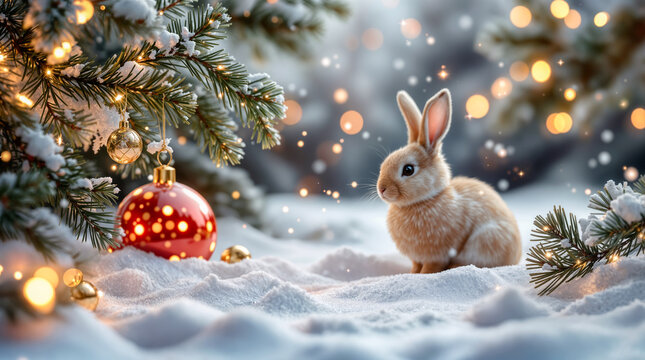 Weihnachtskaninchen im Schnee unter festlich geschmücktem Tannenbaum mit glitzernden Kugeln und Lichtern für eine zauberhafte Winterlandschaft
