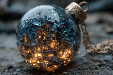 Broken Christmas ornament showing a miniature burning cityscape