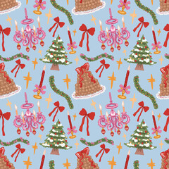 Christmas Seamless Pattern, Pastel Snowman and Santa Ornament Digital Paper, Holiday Sweet (PNG, JPG Digital Download)