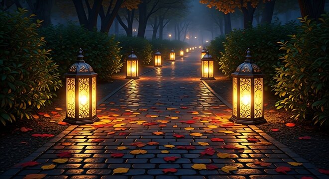 Enchanting autumn path adorned with glowing lanterns and scattered leaves, creating a mystical Fall Background for a peaceful evening stroll