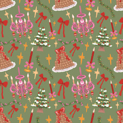 Christmas Seamless Pattern, Pastel Snowman and Santa Ornament Digital Paper, Holiday Sweet (PNG, JPG Digital Download)