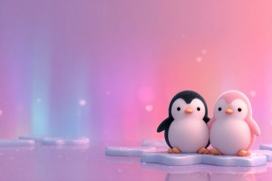 Adorable cartoon penguins sitting together on a large red heart - Powered by Adobe