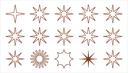 Collection of fifteen brown outline starburst shapes and abstract star designs on a white background
