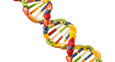 Fresh fruit DNA helix representing genetic engineering and health in vibrant colors against a white background