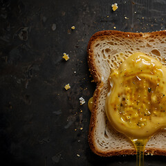 Buttered toast with golden, creamy topping served on rustic table
