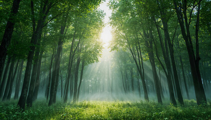 Sunlight Streaming Through Misty Green Forest Creating a Peaceful, Serene and Refreshing Nature Scene