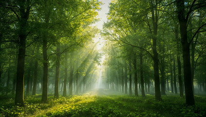 Sunlight Streaming Through Misty Green Forest Creating a Peaceful, Serene and Refreshing Nature Scene