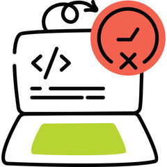 Hand drawn illustration of a laptop computer with coding symbols on screen and a red circle with a check mark and x mark indicating a task completed or failed isolated on a transparent background