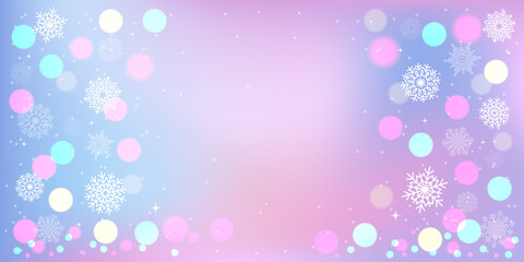 Abstract dreamy blurred gradient background with bokeh and snowflakes. New Year and Christmas winter design. Pink, purple, and blue colors. Vector illustration.