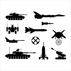Obraz premium Set of black military aircraft silhouettes including jet, helicopter, and transport plane vector illustration on white background