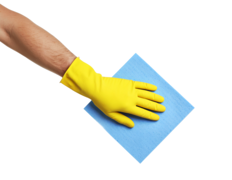 a hand wearing a yellow rubber glove holding a blue cleaning cloth on transparent background, PNG