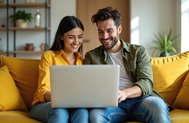 Happy couple sitting on a yellow couch using laptop. Man and woman smile looking at screen. They are together at home using tech. Joyful modern lifestyle in living room.