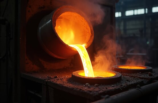 Molten metal flows during industrial lost wax casting process. Liquid steel flows from furnace to mold. Foundry smelts metal, pouring process in shop. Metallic stream flows in manufacture. Heat