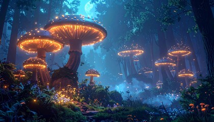 with giant luminescent mushrooms, misty night, Avatar style 