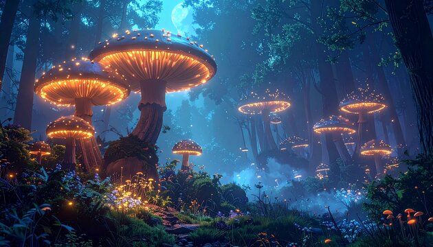 with giant luminescent mushrooms, misty night, Avatar style 