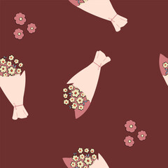 Playful seamless floral pattern with small bouquets in vases on a burgundy background, ideal for greeting cards or gift packaging.