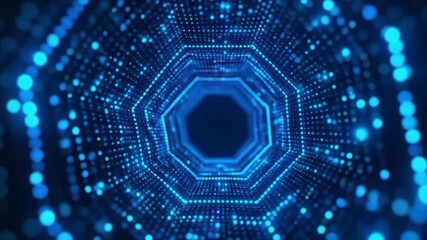 Abstract blue digital tunnel with glowing particles and geometric shapes - Powered by Adobe