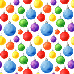 Multicolored watercolor Christmas tree balls, seamless pattern on a white background. Illustration of colorful Christmas tree decorations for packaging, wrapping paper, cards, fabrics, textiles.