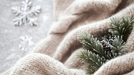 Soft Winter Flat Lay with Pine Sprigs and Wool Scarf
