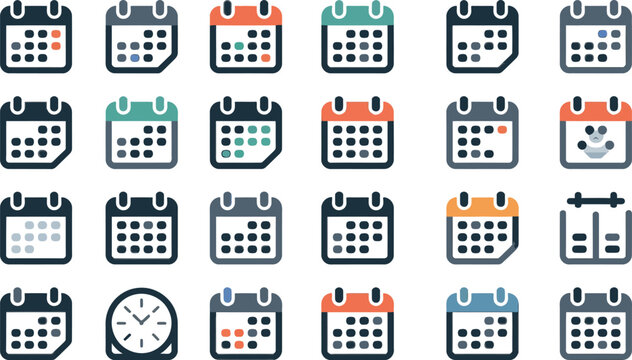 Collection of calendar icons in various styles representing time management scheduling appointments deadlines and important dates for business and personal use