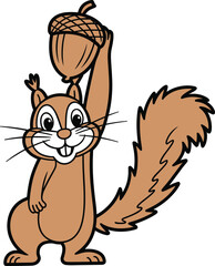 Cute cartoon squirrel holding acorn with big fluffy tail, happy animal mascot design, forest wildlife character, cad drawing flat vector illustration