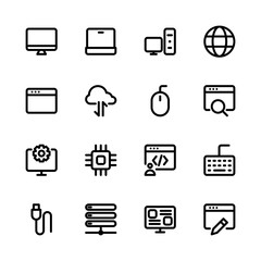 Internet computer icon set. Computer, laptop, website, server, web, hardware, software and more icons. Line icons.