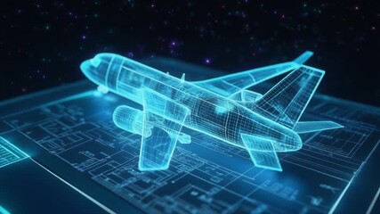 Aircraft blueprint hologram on digital display - Powered by Adobe
