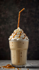 vanilla milkshake in a tall glass decorated with caramel