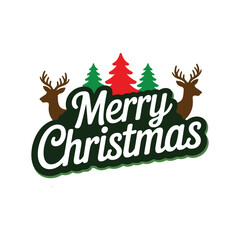 Merry Christmas Typography Vector Badge with Reindeer Silhouettes and Pine Trees - Festive Holiday Sticker Design
