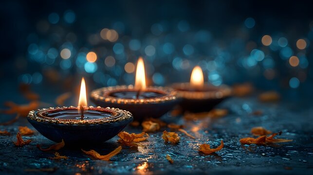 Atmospheric scene of three lit diyas with flower petals for Diwali. The background is a deep blue with a stunning bokeh effect of glittering lights.
