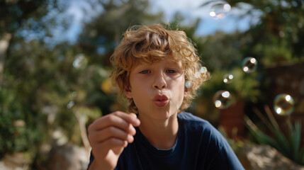 A child blowing soap bubbles in a garden, each bubble expanding into shimmering spheres that reflect the sky — innocence, creative expansion, and sensory exploration. cinematic color correction,