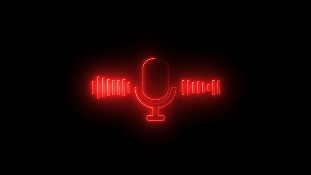 Neon voice recording and mic microphone button icon animation. Neon Audio microphone icon animation with circle on black background.