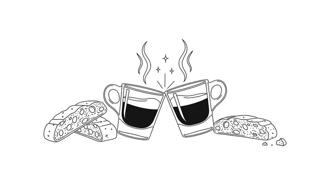 Sketch of two mugs of coffee and two pastries