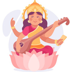 Joyful Goddess Saraswati Seated on Pink Lotus Holding Vina and Book Radiating Divine Light with Multiple Arms and Ornate Headdress