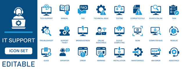 IT support icon set. featuring tech support, troubleshooting, diagnostics, cloud computing, installation, maintenance, errors, and online assistance. perfect for vector icon collection.