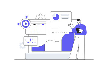 Statistical analysis business finance. Businessman next chart  analyzing growth. Site stats, data inform. Statistics, monitoring financial reports and investments. Flat Cartoon Vector Illustration web
