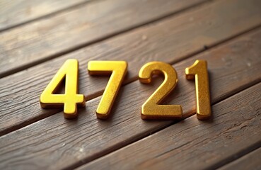 Golden metal numerals 4721 rest on aged rustic wood planks. Sharp focus highlights the textured grain and metallic shine. Number combination used for dates, product IDs, or any numerical value.