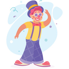 Joyful Clown Character With Pink Hair Wearing Top Hat Suspenders and Round Glasses Dancing in a Light Blue Festive Background with Confetti