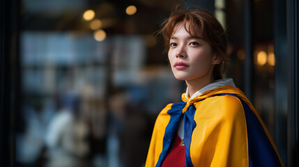 A traveler spotting their national flag outside an embassy while abroad, pausing with visible relief and belonging as the symbol glows in the foreign cityscape — global patriotism, identity, and