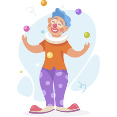 Joyful Clown With Blue Hair Juggling Colorful Balls In The Air A White Round Collar And Purple Polka Dot Pants And Red Shoes On A Transparent Background
