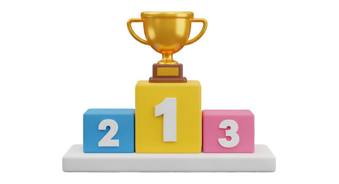 3D Golden Trophy on a Podium with Numbers 123 award