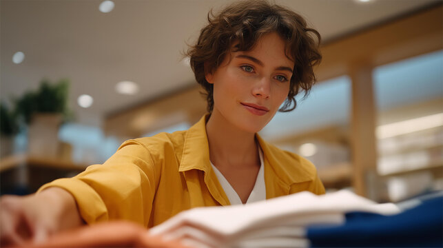 A retail employee arranging colorful merchandise on minimalist display racks, adjusting spacing for visual appeal under soft store lighting — product presentation, consumer experience design, and