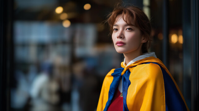 A traveler spotting their national flag outside an embassy while abroad, pausing with visible relief and belonging as the symbol glows in the foreign cityscape — global patriotism, identity, and - Powered by Adobe