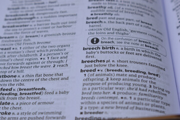 English Dictionary Page Close Up With The Word Of -breech birth