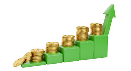 3D Green Bar Chart with Stacks of Gold Coins and Upward Arrow