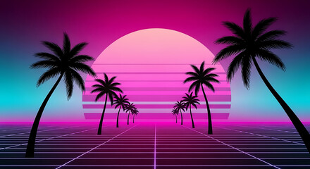 Naklejka premium Retro Wave Abstract Background 80S Aesthetic, Synthwave Sunset Design, Nostalgic Branding Background