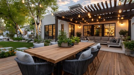 Beautiful backyard with a modern wooden deck and pergola for entertaining. The scene is set in the late afternoon with comfortable furniture.