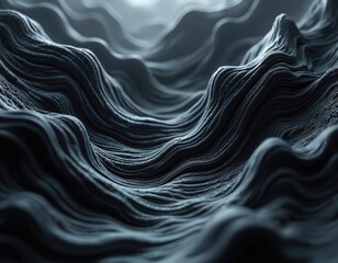 Obraz premium Abstract digital illustration shows dark wavy textured lines. Creates futuristic landscape with subtle light, deep shadows, organic feel. Pattern resembles flowing water, tech design, modern