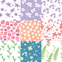 A set of simple floral seamless patterns. A collection of hand-drawn pink and lilac flowers.